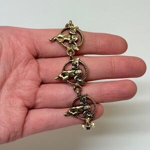 Vintage Gold Tone Cherub Angel Link Bracelet Antiqued Rope Border 6.75"